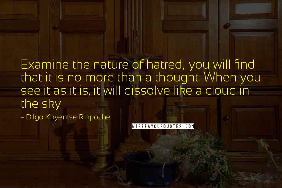 Dilgo Khyentse Rinpoche Quotes: Examine the nature of hatred; you will find that it is no more than a thought. When you see it as it is, it will dissolve like a cloud in the sky.
