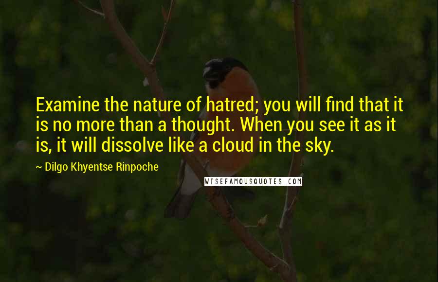Dilgo Khyentse Rinpoche Quotes: Examine the nature of hatred; you will find that it is no more than a thought. When you see it as it is, it will dissolve like a cloud in the sky.