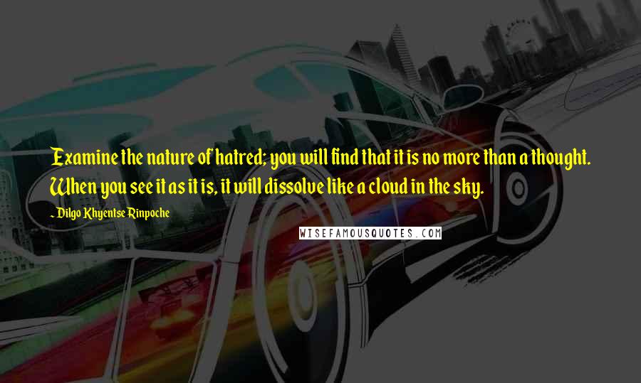 Dilgo Khyentse Rinpoche Quotes: Examine the nature of hatred; you will find that it is no more than a thought. When you see it as it is, it will dissolve like a cloud in the sky.