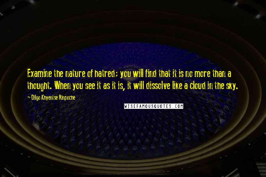 Dilgo Khyentse Rinpoche Quotes: Examine the nature of hatred; you will find that it is no more than a thought. When you see it as it is, it will dissolve like a cloud in the sky.