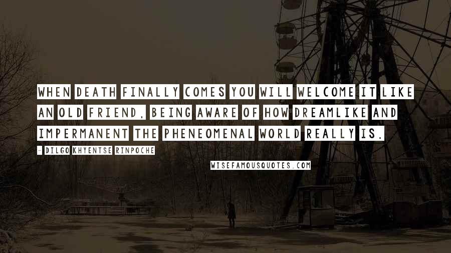 Dilgo Khyentse Rinpoche Quotes: When death finally comes you will welcome it like an old friend, being aware of how dreamlike and impermanent the pheneomenal world really is.