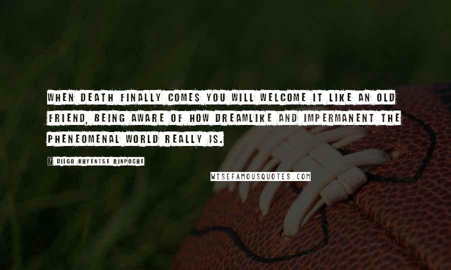 Dilgo Khyentse Rinpoche Quotes: When death finally comes you will welcome it like an old friend, being aware of how dreamlike and impermanent the pheneomenal world really is.