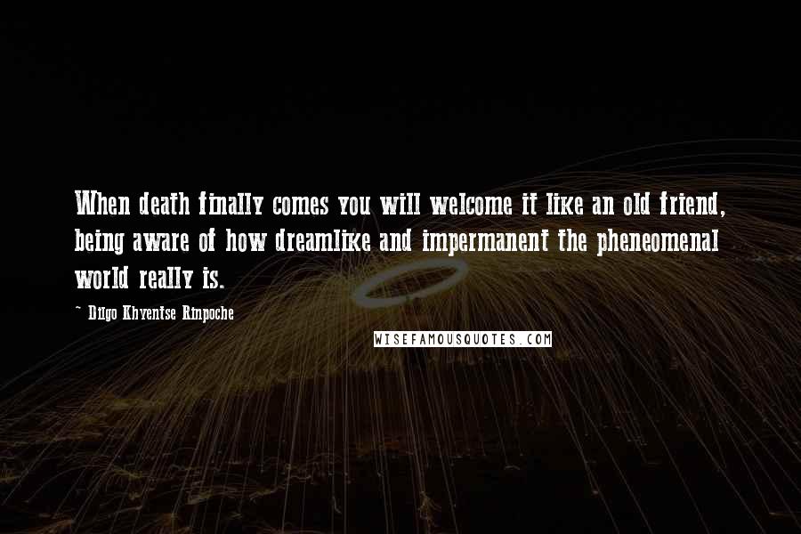 Dilgo Khyentse Rinpoche Quotes: When death finally comes you will welcome it like an old friend, being aware of how dreamlike and impermanent the pheneomenal world really is.