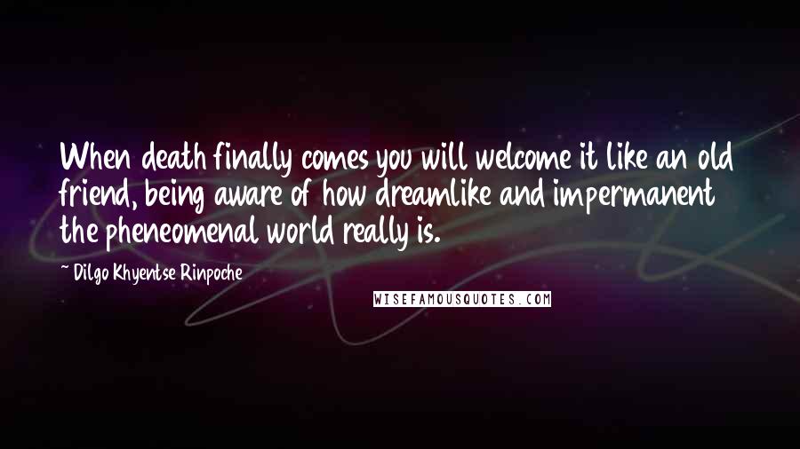 Dilgo Khyentse Rinpoche Quotes: When death finally comes you will welcome it like an old friend, being aware of how dreamlike and impermanent the pheneomenal world really is.