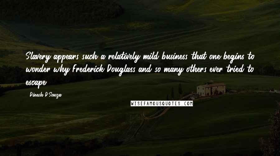 Dinesh D'Souza Quotes: Slavery appears such a relatively mild business that one begins to wonder why Frederick Douglass and so many others ever tried to escape.