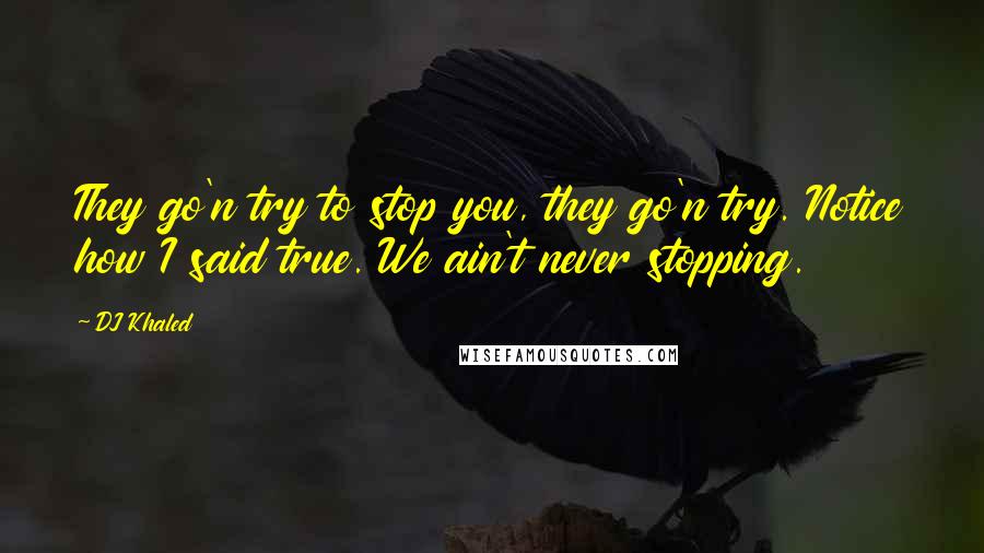 DJ Khaled Quotes: They go'n try to stop you, they go'n try. Notice how I said true. We ain't never stopping.