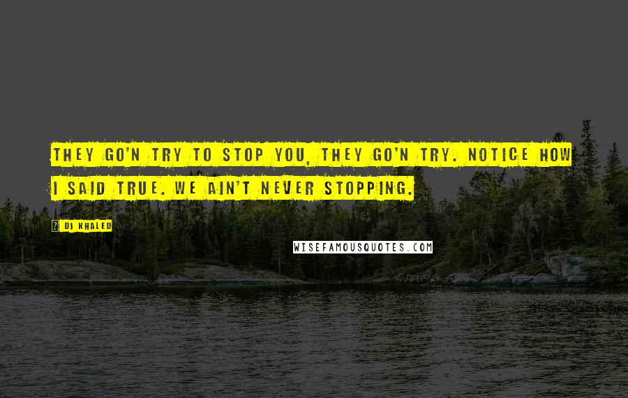 DJ Khaled Quotes: They go'n try to stop you, they go'n try. Notice how I said true. We ain't never stopping.