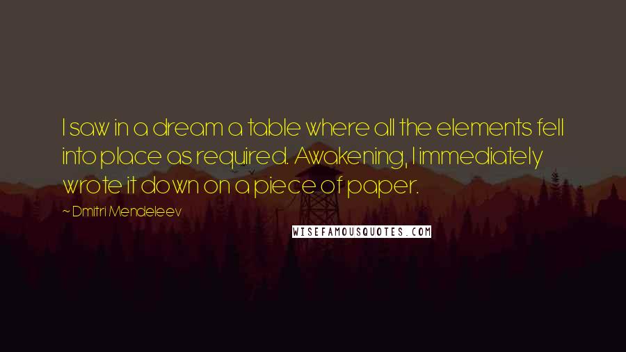 Dmitri Mendeleev Quotes: I saw in a dream a table where all the elements fell into place as required. Awakening, I immediately wrote it down on a piece of paper.