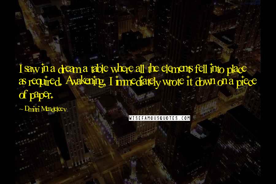 Dmitri Mendeleev Quotes: I saw in a dream a table where all the elements fell into place as required. Awakening, I immediately wrote it down on a piece of paper.