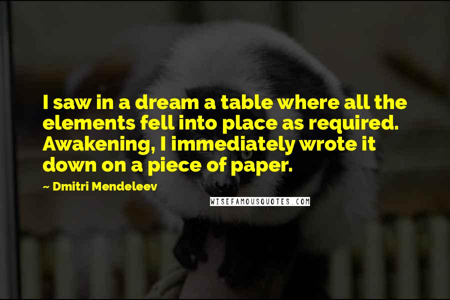 Dmitri Mendeleev Quotes: I saw in a dream a table where all the elements fell into place as required. Awakening, I immediately wrote it down on a piece of paper.