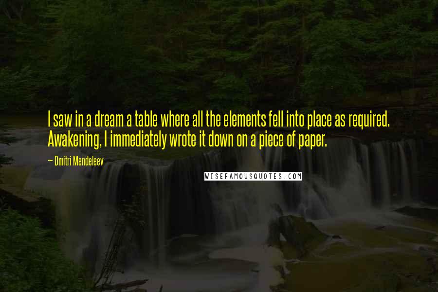 Dmitri Mendeleev Quotes: I saw in a dream a table where all the elements fell into place as required. Awakening, I immediately wrote it down on a piece of paper.