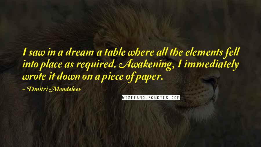 Dmitri Mendeleev Quotes: I saw in a dream a table where all the elements fell into place as required. Awakening, I immediately wrote it down on a piece of paper.