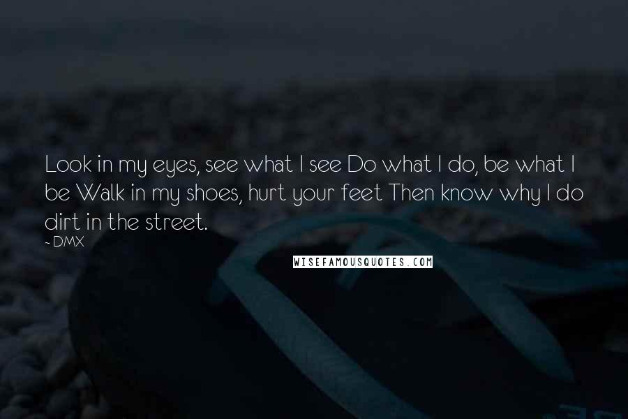DMX Quotes: Look in my eyes, see what I see Do what I do, be what I be Walk in my shoes, hurt your feet Then know why I do dirt in the street.