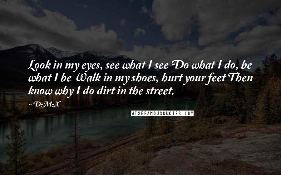 DMX Quotes: Look in my eyes, see what I see Do what I do, be what I be Walk in my shoes, hurt your feet Then know why I do dirt in the street.