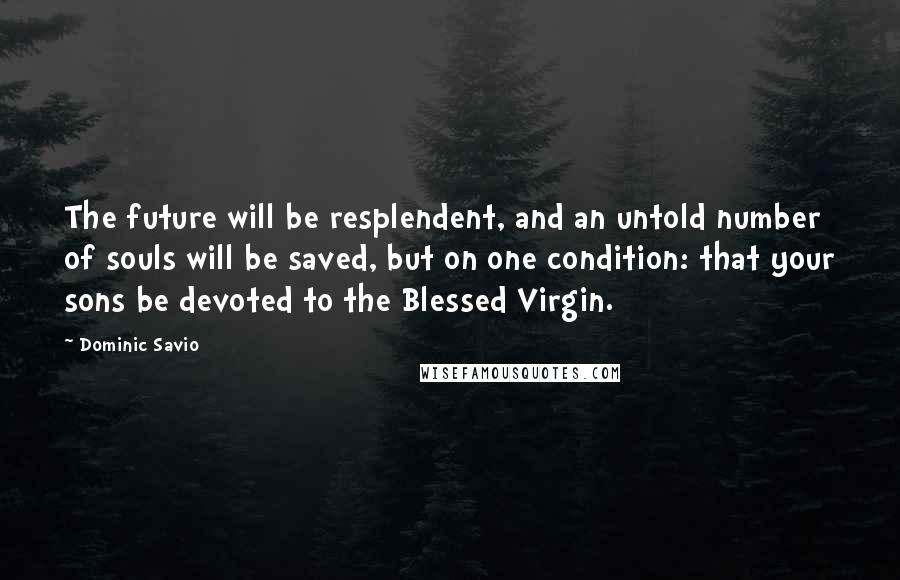 Dominic Savio Quotes: The future will be resplendent, and an untold number of souls will be saved, but on one condition: that your sons be devoted to the Blessed Virgin.