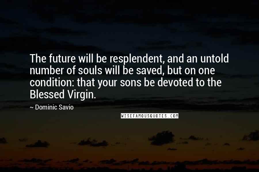 Dominic Savio Quotes: The future will be resplendent, and an untold number of souls will be saved, but on one condition: that your sons be devoted to the Blessed Virgin.