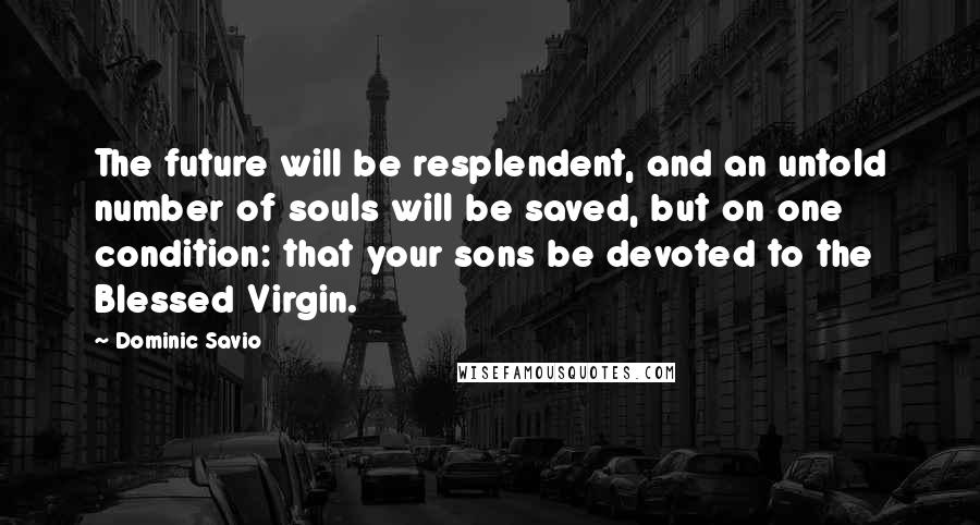 Dominic Savio Quotes: The future will be resplendent, and an untold number of souls will be saved, but on one condition: that your sons be devoted to the Blessed Virgin.