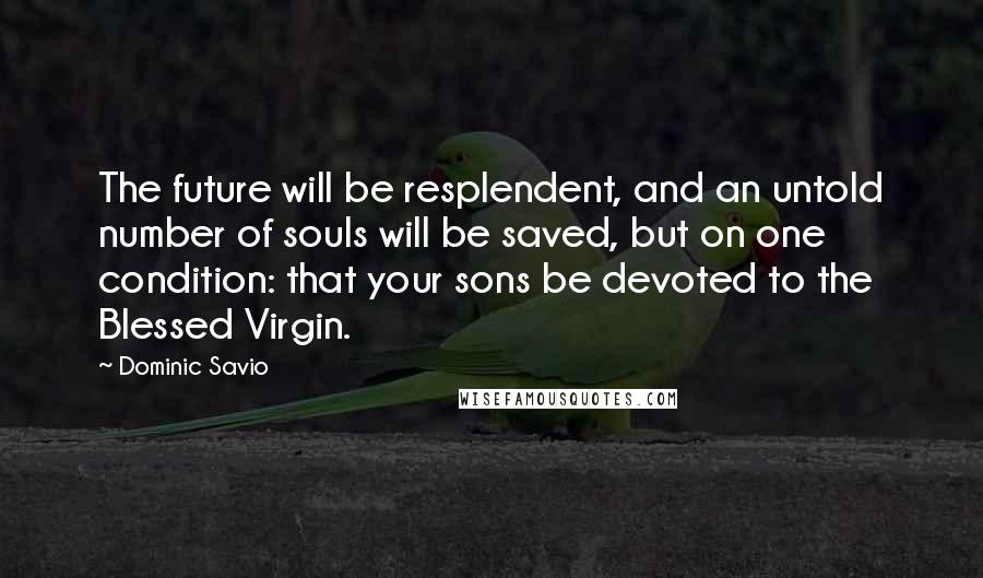 Dominic Savio Quotes: The future will be resplendent, and an untold number of souls will be saved, but on one condition: that your sons be devoted to the Blessed Virgin.