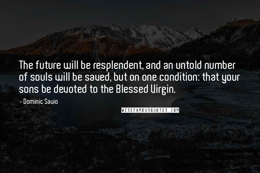 Dominic Savio Quotes: The future will be resplendent, and an untold number of souls will be saved, but on one condition: that your sons be devoted to the Blessed Virgin.