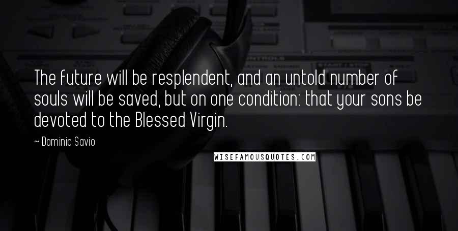 Dominic Savio Quotes: The future will be resplendent, and an untold number of souls will be saved, but on one condition: that your sons be devoted to the Blessed Virgin.