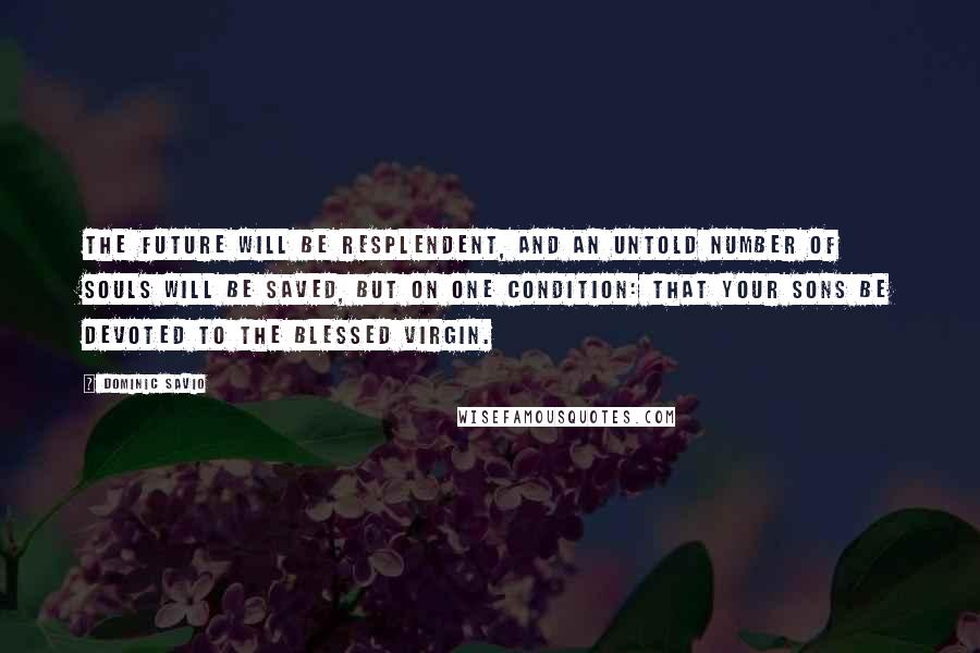 Dominic Savio Quotes: The future will be resplendent, and an untold number of souls will be saved, but on one condition: that your sons be devoted to the Blessed Virgin.