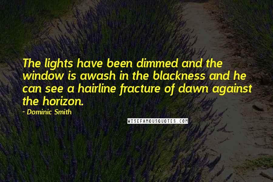 Dominic Smith Quotes: The lights have been dimmed and the window is awash in the blackness and he can see a hairline fracture of dawn against the horizon.