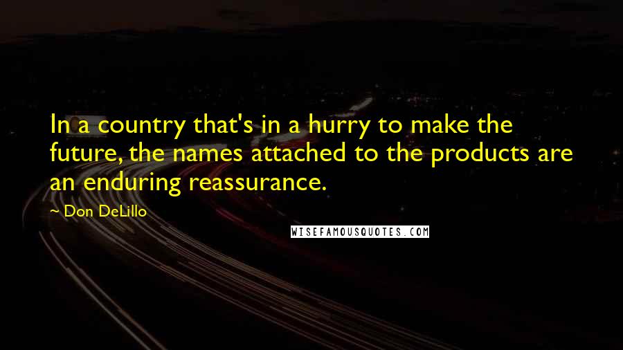 Don DeLillo Quotes: In a country that's in a hurry to make the future, the names attached to the products are an enduring reassurance.