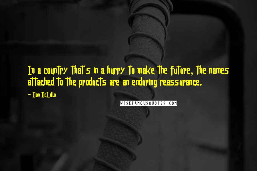 Don DeLillo Quotes: In a country that's in a hurry to make the future, the names attached to the products are an enduring reassurance.