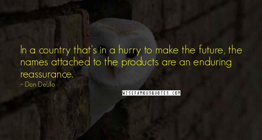 Don DeLillo Quotes: In a country that's in a hurry to make the future, the names attached to the products are an enduring reassurance.