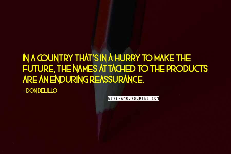Don DeLillo Quotes: In a country that's in a hurry to make the future, the names attached to the products are an enduring reassurance.