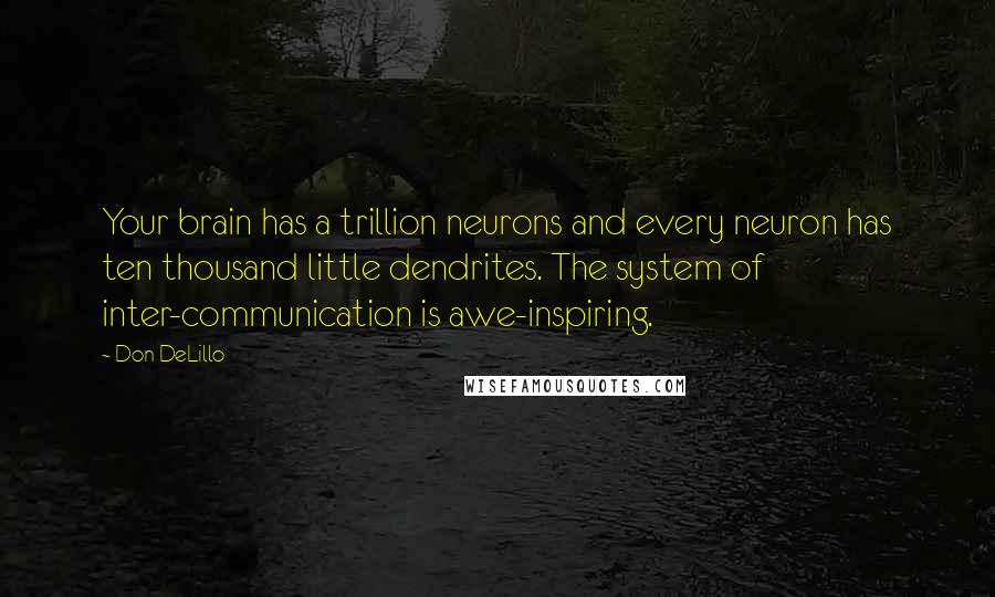 Don DeLillo Quotes: Your brain has a trillion neurons and every neuron has ten thousand little dendrites. The system of inter-communication is awe-inspiring.