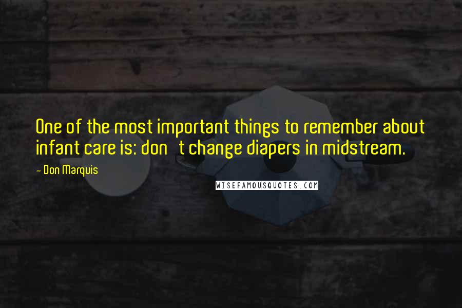 Don Marquis Quotes: One of the most important things to remember about infant care is: don't change diapers in midstream.