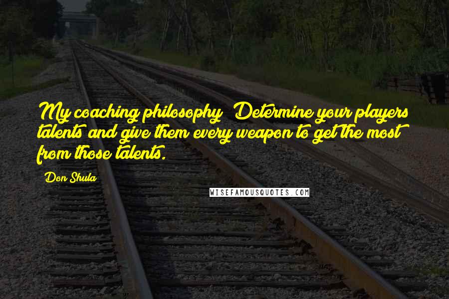 Don Shula Quotes: My coaching philosophy? Determine your players talents and give them every weapon to get the most from those talents.