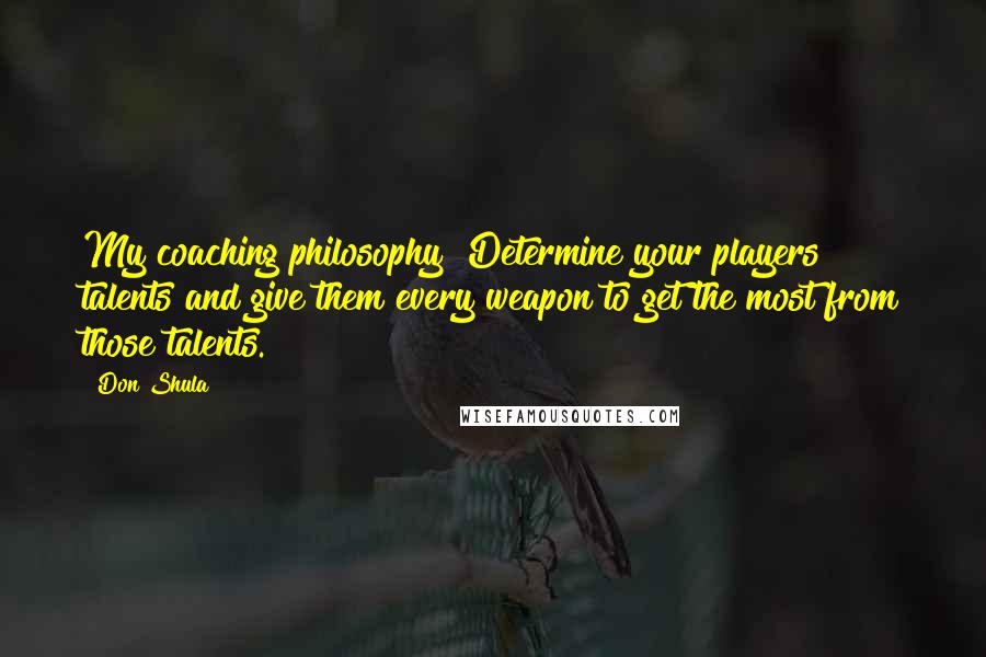 Don Shula Quotes: My coaching philosophy? Determine your players talents and give them every weapon to get the most from those talents.