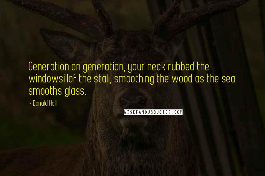 Donald Hall Quotes: Generation on generation, your neck rubbed the windowsillof the stall, smoothing the wood as the sea smooths glass.