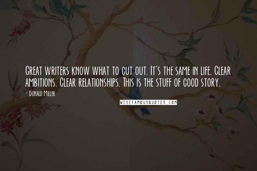 Donald Miller Quotes: Great writers know what to cut out. It's the same in life. Clear ambitions. Clear relationships. This is the stuff of good story.