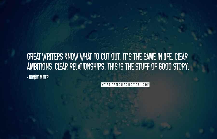Donald Miller Quotes: Great writers know what to cut out. It's the same in life. Clear ambitions. Clear relationships. This is the stuff of good story.