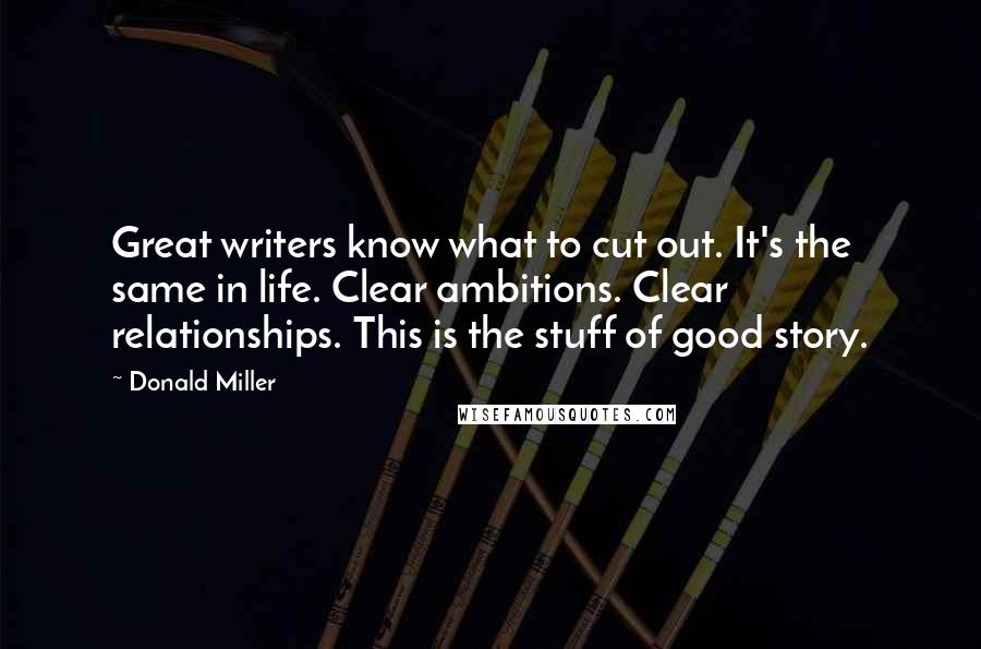 Donald Miller Quotes: Great writers know what to cut out. It's the same in life. Clear ambitions. Clear relationships. This is the stuff of good story.