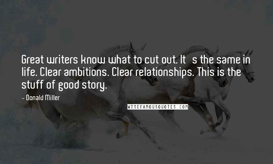 Donald Miller Quotes: Great writers know what to cut out. It's the same in life. Clear ambitions. Clear relationships. This is the stuff of good story.