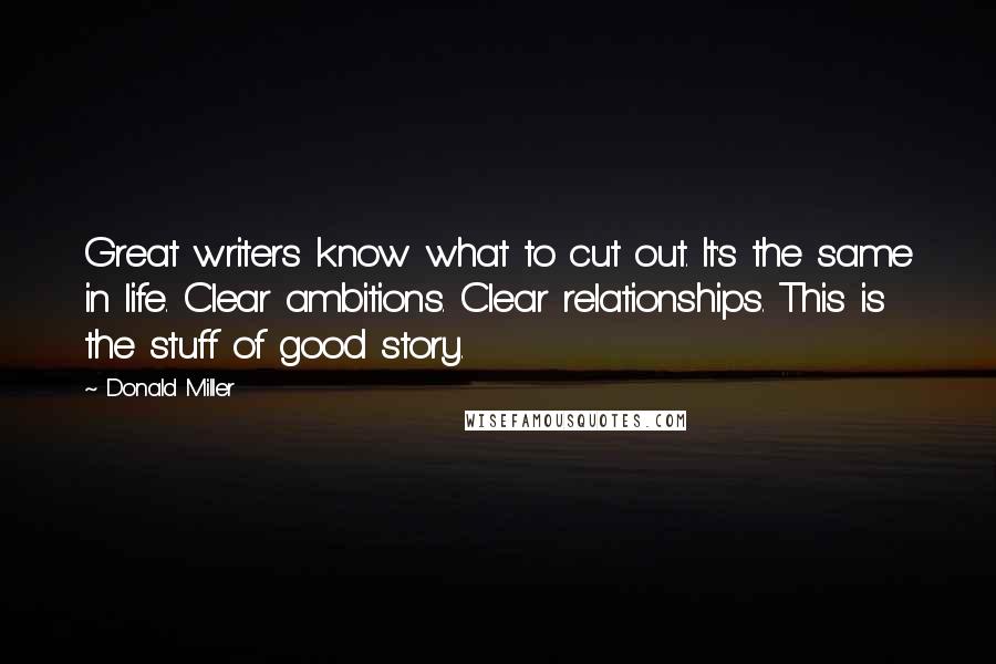 Donald Miller Quotes: Great writers know what to cut out. It's the same in life. Clear ambitions. Clear relationships. This is the stuff of good story.