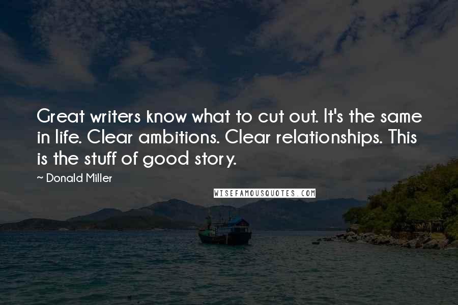 Donald Miller Quotes: Great writers know what to cut out. It's the same in life. Clear ambitions. Clear relationships. This is the stuff of good story.