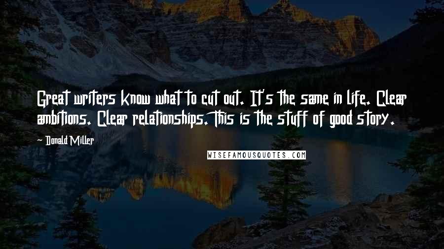 Donald Miller Quotes: Great writers know what to cut out. It's the same in life. Clear ambitions. Clear relationships. This is the stuff of good story.
