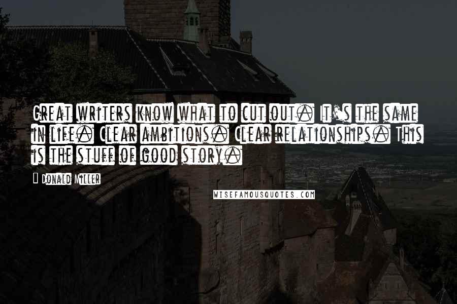 Donald Miller Quotes: Great writers know what to cut out. It's the same in life. Clear ambitions. Clear relationships. This is the stuff of good story.