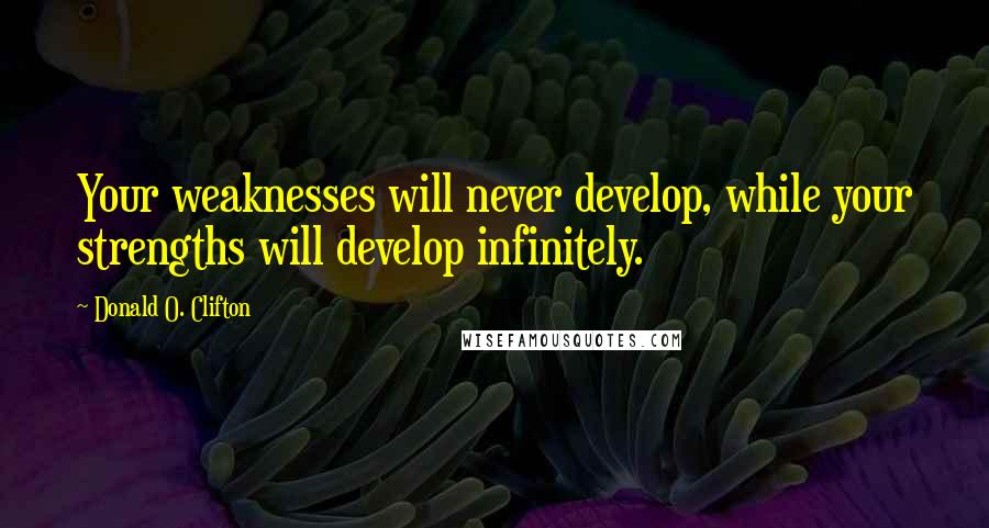 Donald O. Clifton Quotes: Your weaknesses will never develop, while your strengths will develop infinitely.