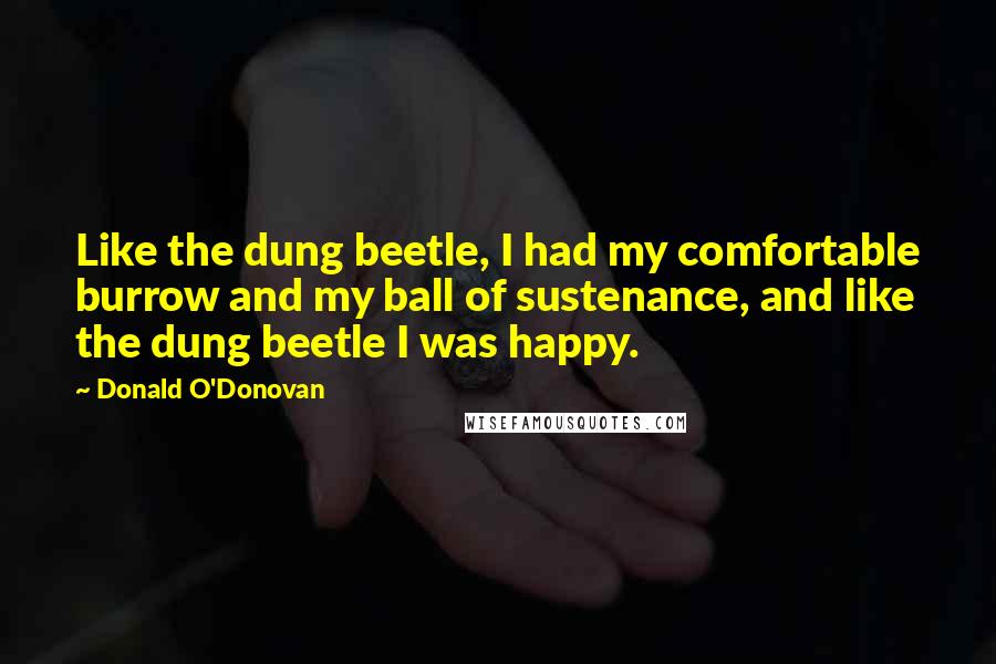 Donald O'Donovan Quotes: Like the dung beetle, I had my comfortable burrow and my ball of sustenance, and like the dung beetle I was happy.