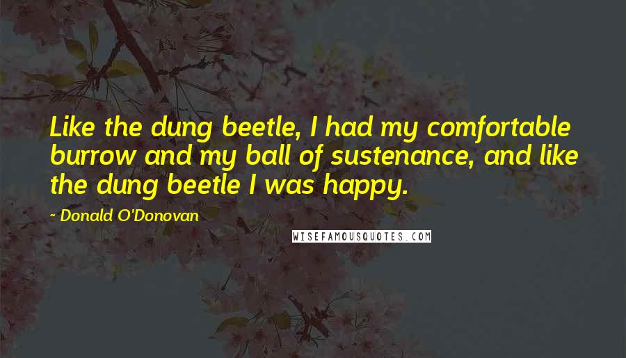 Donald O'Donovan Quotes: Like the dung beetle, I had my comfortable burrow and my ball of sustenance, and like the dung beetle I was happy.