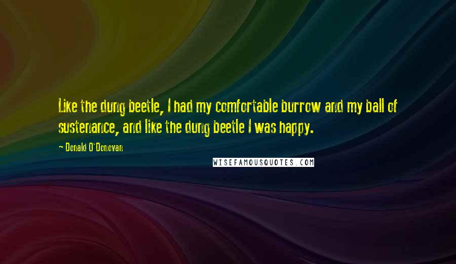 Donald O'Donovan Quotes: Like the dung beetle, I had my comfortable burrow and my ball of sustenance, and like the dung beetle I was happy.