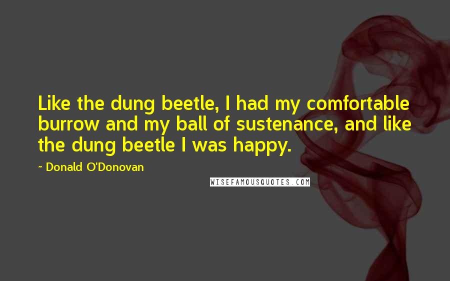 Donald O'Donovan Quotes: Like the dung beetle, I had my comfortable burrow and my ball of sustenance, and like the dung beetle I was happy.