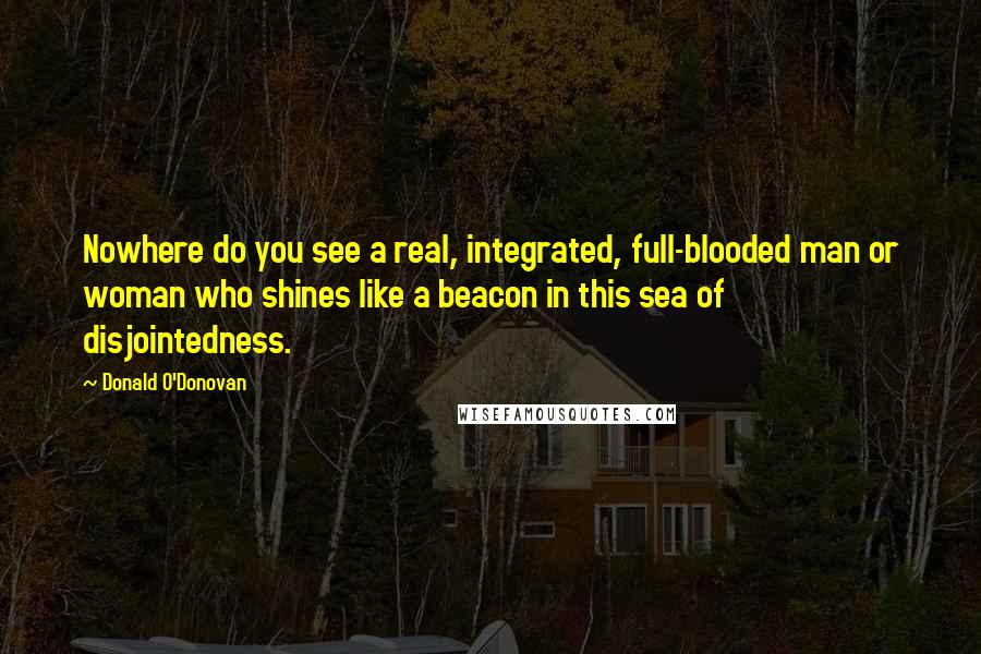 Donald O'Donovan Quotes: Nowhere do you see a real, integrated, full-blooded man or woman who shines like a beacon in this sea of disjointedness.