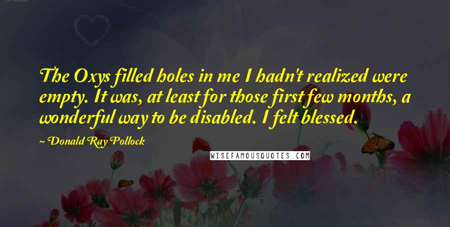Donald Ray Pollock Quotes: The Oxys filled holes in me I hadn't realized were empty. It was, at least for those first few months, a wonderful way to be disabled. I felt blessed.